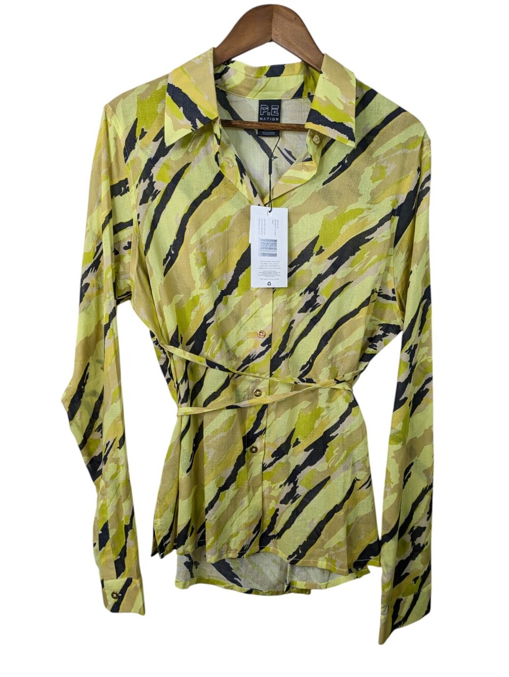 NEW P.E Nation Bronte Top Large Yellow Camo Animal Print Belted Long Sleeve